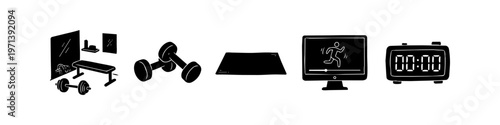 Set of hand-drawn black and white icons representing a home gym and fitness equipment, including dumbbells, a weight bench, workout mat, online training video, and a digital timer.