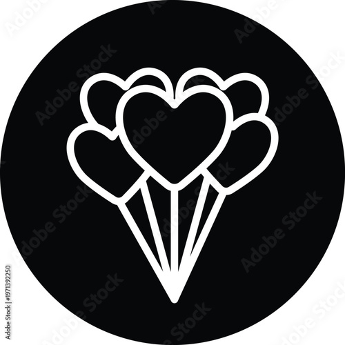 Heart balloons icon white line art on black circle background vector