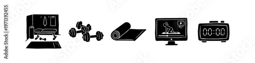 Minimalist black hand-drawn fitness icons for home workouts, featuring dumbbells, yoga mat, weight bench, online exercise video on monitor, and digital timer on a white background.