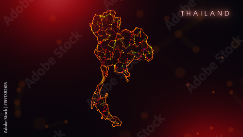 A creative cartography design featuring the Thailand country border in a colorful plexus style. Glowing red and orange dots and lines represent digital technology and business communication.