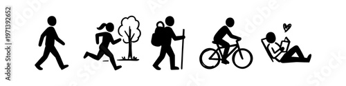 Set of hand-drawn black pictograms representing outdoor leisure activities like walking, running, hiking, cycling, and reading. Minimalist silhouettes for active lifestyle and relaxation.