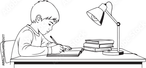 Focused Child Writing Homework at Desk with Study Lamp Minimal Line Art Education Concept Illustration
