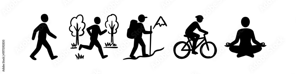 Obraz premium Set of black silhouette icons representing various healthy outdoor activities including walking, running, hiking, cycling, and meditation. Perfect for fitness, wellness, and lifestyle themes.