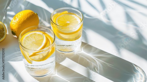 Healthy morning routine concept, lemon water on a clean table near window, soft morning sunlight, calm wellness lifestyle, minimal composition, cozy and fresh mood