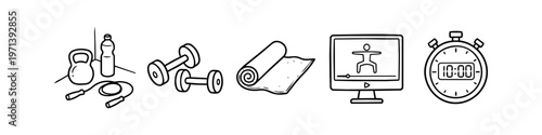 Hand-drawn doodle set of home workout equipment icons: kettlebell, dumbbells, jump rope, yoga mat, online training video, and a stopwatch. Perfect for fitness and wellness designs.
