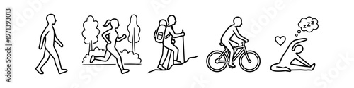 Set of minimalist line art icons depicting various healthy lifestyle activities including walking, running in nature, hiking, cycling, and yoga for wellness and better sleep.