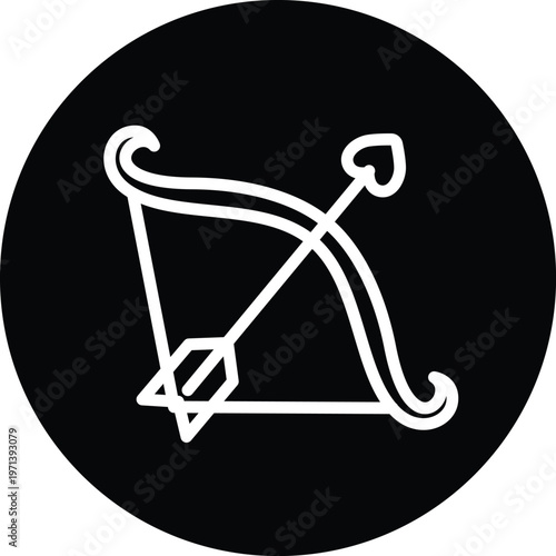 Cupid love bow icon white line art on black circle background vector flat design element