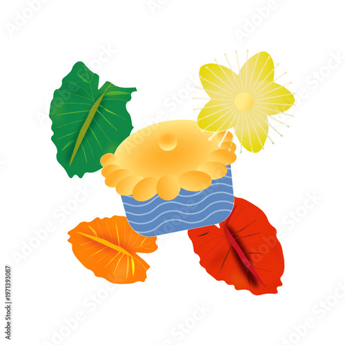 Traditional Empadao Goiano savory pie with Pequi flower and native Cerrado foliage illustration