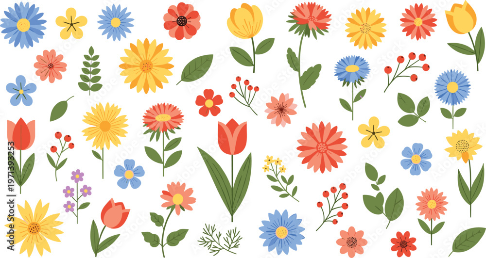 Fototapeta premium Large Collection of Flat Vector Garden Flowers with Tulips Daisies and Sunflowers and Botanical Leaf Elements for Floral Pattern Design and Nature BrandingLarge Collection of Flat Vector Garden Flower