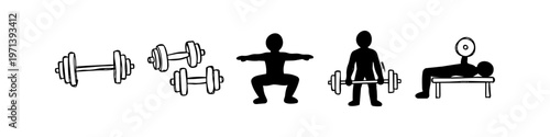 Hand-drawn doodle icons of gym equipment and people exercising. Set includes barbells, dumbbells, squats, deadlifts, and bench press silhouettes for fitness and bodybuilding themes.