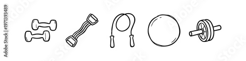 Hand-drawn vector icons of home fitness equipment: dumbbells, resistance band, jump rope, exercise ball, and ab roller. Simple black line art for sports, health, and gym themes.