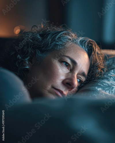 A woman with curly hair lies in bed, gazing thoughtfully, illuminated by soft, moody light.