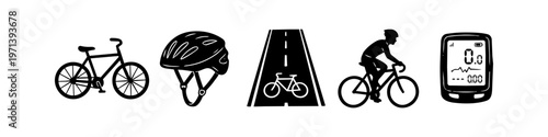 Set of minimalist cycling icons including a bicycle, helmet, bike lane, cyclist, and GPS computer. Perfect for sports, fitness, and urban transportation designs.