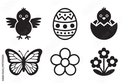 Black Easter Icons with Birds, Eggs, Butterfly and and Flowers on White Background