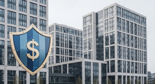 Shield with Dollar Symbol Protecting Modern Office Buildings