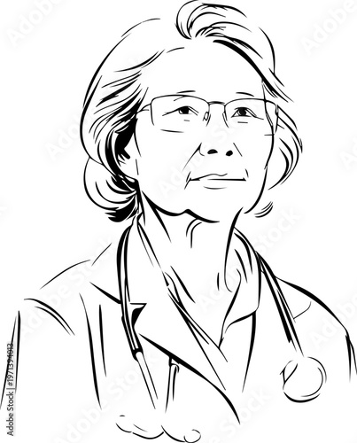 Hand Drawn Elderly Female Doctor Black and White Illustration in Minimal Line Art Style Design