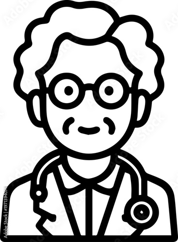 Hand Drawn Elderly Female Doctor Black and White Illustration in Minimal Line Art Style Design