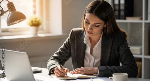 Woman writing in notebook at desk