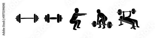 Collection of black vector icons for weightlifting and fitness, featuring a barbell, dumbbell, squats, deadlifts, and bench press silhouettes on a white background for gym-related designs.