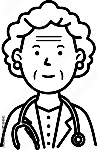 Hand Drawn Elderly Female Doctor Black and White Illustration in Minimal Line Art Style Design