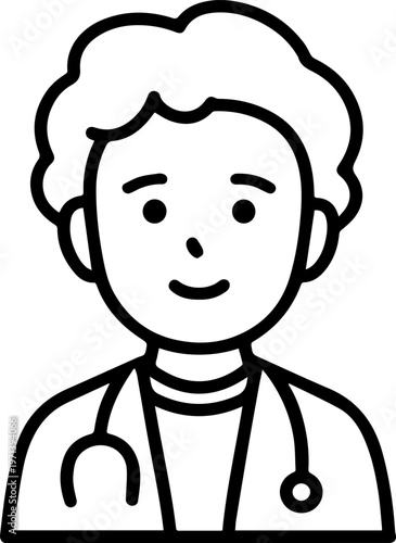 Hand Drawn Elderly Female Doctor Black and White Illustration in Minimal Line Art Style Design