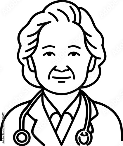 Hand Drawn Elderly Female Doctor Black and White Illustration in Minimal Line Art Style Design