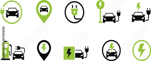 Electric vehicle charging icon set isolated on white background, green and black EV station symbols for eco transport design use