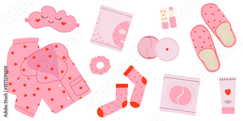 A set of pajama party items. Self-care and sleepwear set with pink pajamas, slippers, and beauty products. Cozy home spa routine, skincare treatments, and relaxation concept. Flat vector illustration 