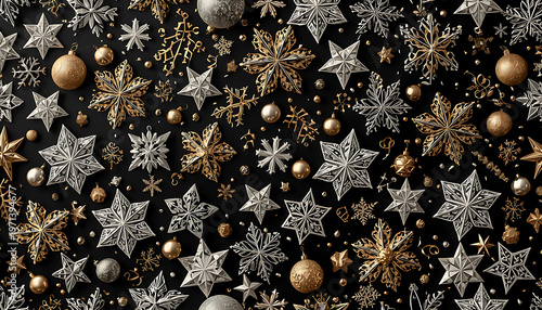 Christmas background with gold and silver glittering snowflakes, stars and balls on black background
