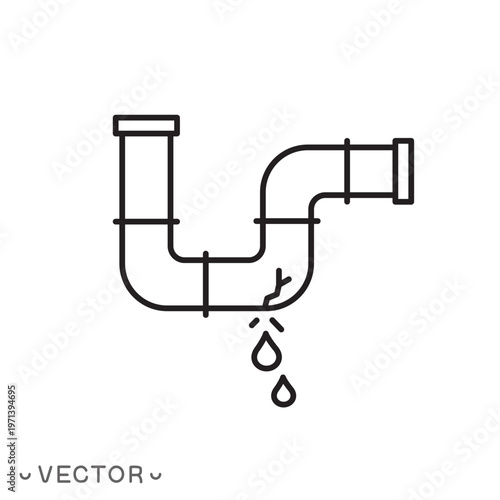damaged pipe icon, broken pipe concept, plumbing issue, leaking pipe, thin line symbol isolated on white background, editable stroke eps 10 vector illustration
