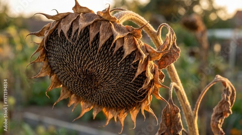 Foto Close-up of a drooping, dried sunflower head at the end of the summer season