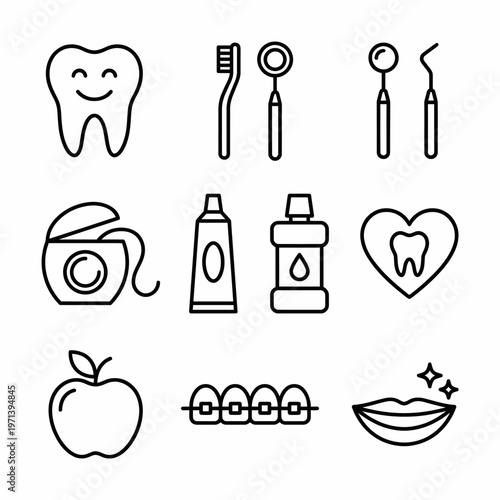Dental care icon set with tooth, toothbrush, dental tools, and oral health symbols, minimal line vector 