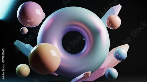 Abstract 3D rendering of geometric shapes with vibrant colors and gradients.