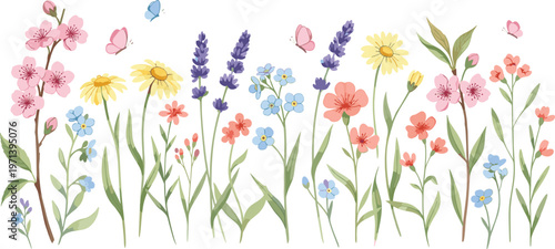 Large Set of Hand-Drawn Wildflowers with Lavender Daisies and Cherry Blossoms for Spring Nature Backgrounds Botanical Art Prints and Floral Greeting Card DesignsLarge Set of Hand-Drawn Wildflowers wit