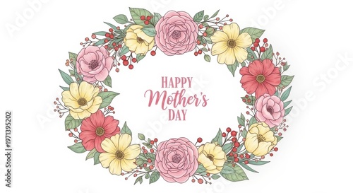 Happy Mothers Day floral wreath with copy space
