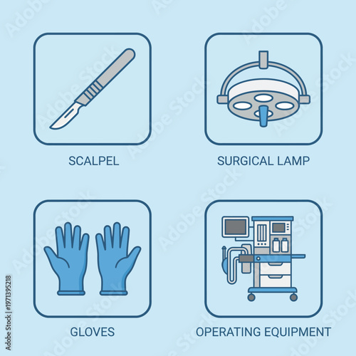Surgery and clinical tools icon set with scalpel, surgical lamp, gloves, and operating equipment symbols