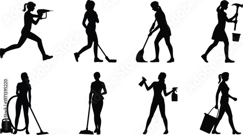 cleaning women silhouettes housekeeping service female workers vacuum mop spray tools janitor black isolated vector illustration set collection