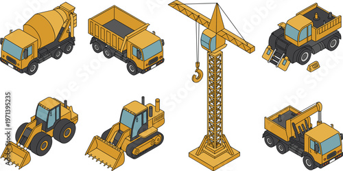 construction machinery set isometric crane dump truck excavator loader cement mixer heavy equipment industrial vehicles vector illustration isolated