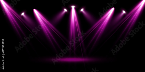 Cinematic pink light scene with powerful spotlights aimed at stage podium and bright glossy lens flare for fashion background PNG