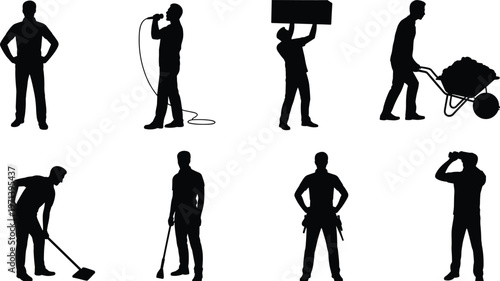 construction worker silhouettes set labor carrying drilling digging wheelbarrow tools industrial people black isolated vector illustration collection