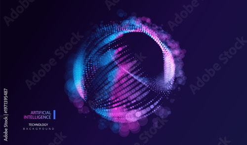 Sphere ai particles banner. Dots ring in big data neon background. Artificial Intelligence futuristic splash circles vector concept.