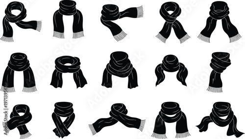 Winter scarf icon set collection, warm knitted scarf silhouettes, fashion accessory vector pack, cold weather clothing illustration, stylish neck scarf design
