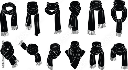 Winter scarves silhouette collection vector, warm neck scarves fashion accessory set for cold weather clothing design illustration
