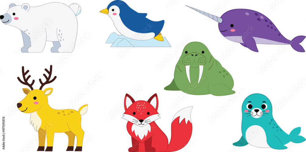 Fototapeta premium Cute Arctic and Ocean Animal Character Set with Polar Bear, Penguin, Narwhal, Seal, Fox, and More for Kids' Illustrations and Educational Designs