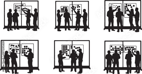 Black Solid Creative Team Sticky Note Brainstorm Silhouettes Set of Six on White Background