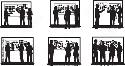 Black Solid Creative Team Sticky Note Brainstorm Silhouettes Set of Six on White Background