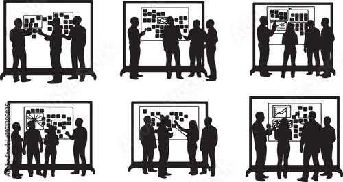 Black Solid Creative Team Sticky Note Brainstorm Silhouettes Set of Six on White Background