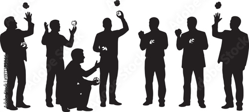 Black Solid Creative Writer Debating Naming Idea Silhouettes Set of Six on White Background