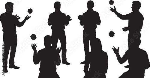 Black Solid Creative Writer Debating Naming Idea Silhouettes Set of Six on White Background