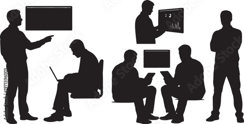 Black Solid Data Scientist Training Machine Learning Silhouettes Set of Six on White Background